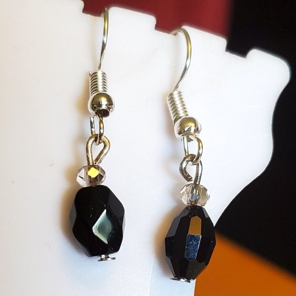 Silver Tone Hook Black Glass Bead Dangle Earrings